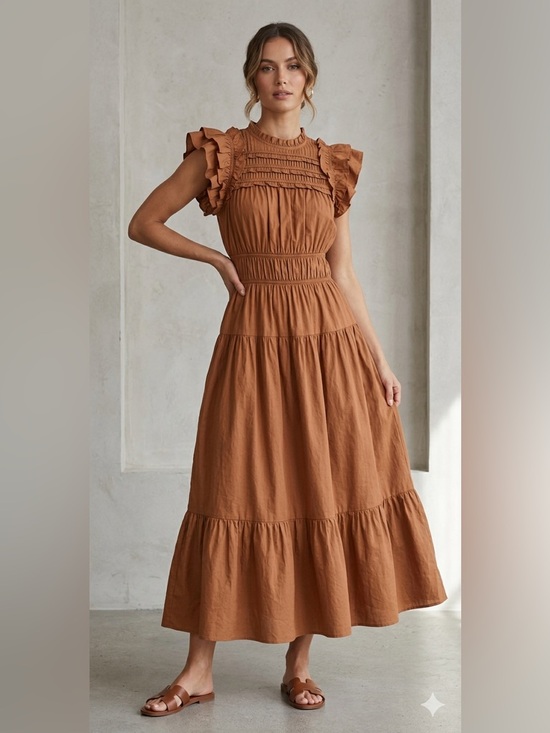 AUREUM Dresses & Skirts - AUREUM / Rust Tiered Ruffle-Sleeve Maxi Dress Sz M - NWT